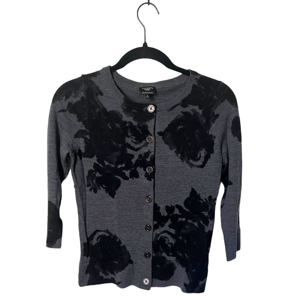 Talbots Gray Black Floral Print Italian Merino Wool 3/4 Sleeve Cardigan sz P - Picture 1 of 5